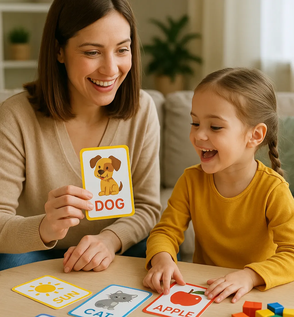 Anne, kızına köpek resmi ve DOG yazan bir İngilizce kelime kartı gösteriyor