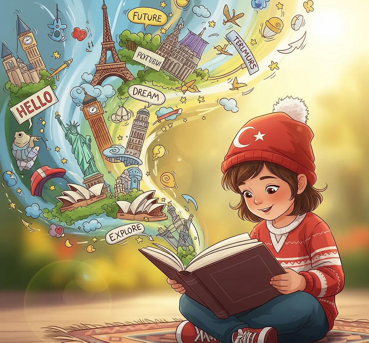 Kitap okuyan bir çocuğun etrafında dünyanın simge yapıları ve İngilizce kelimeler uçuşuyor